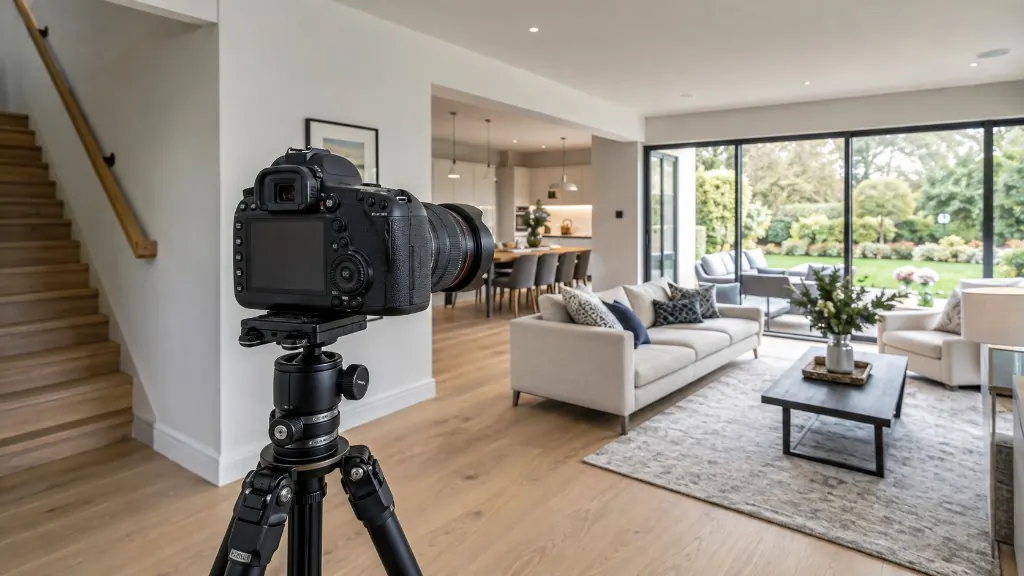 DSLR on a tripod photographing an open-plan living room with large garden windows