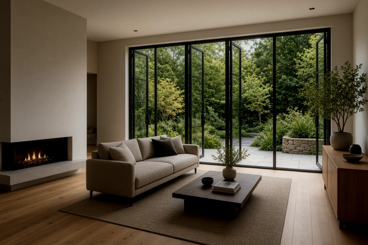 Single exposure of a modern living room, holding the garden view but leaving the interior a little darker