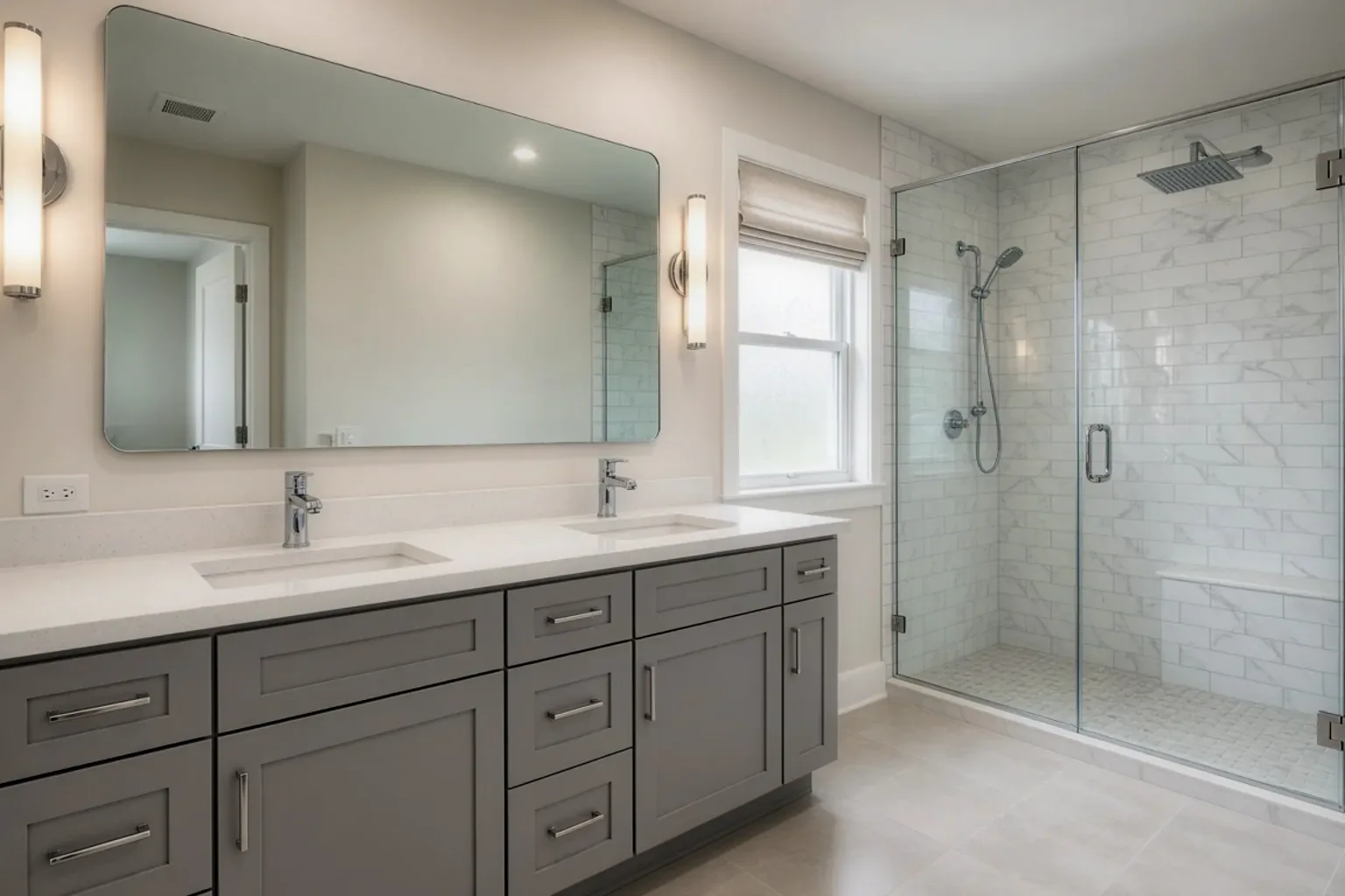 As-shot bathroom interior with a darker vanity and brighter window