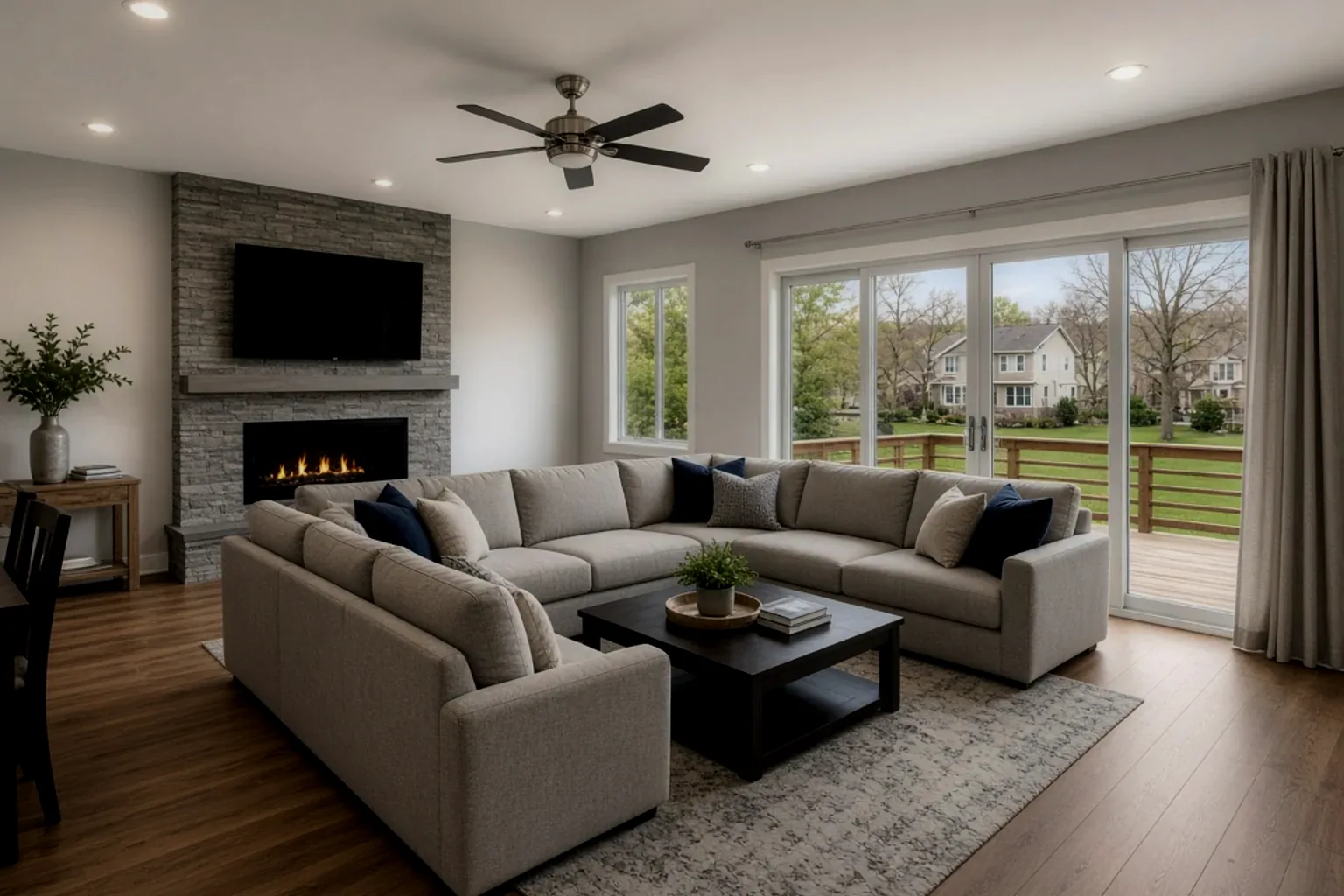 Single exposure of a US suburban great room, holding the backyard view but leaving the interior in shadow