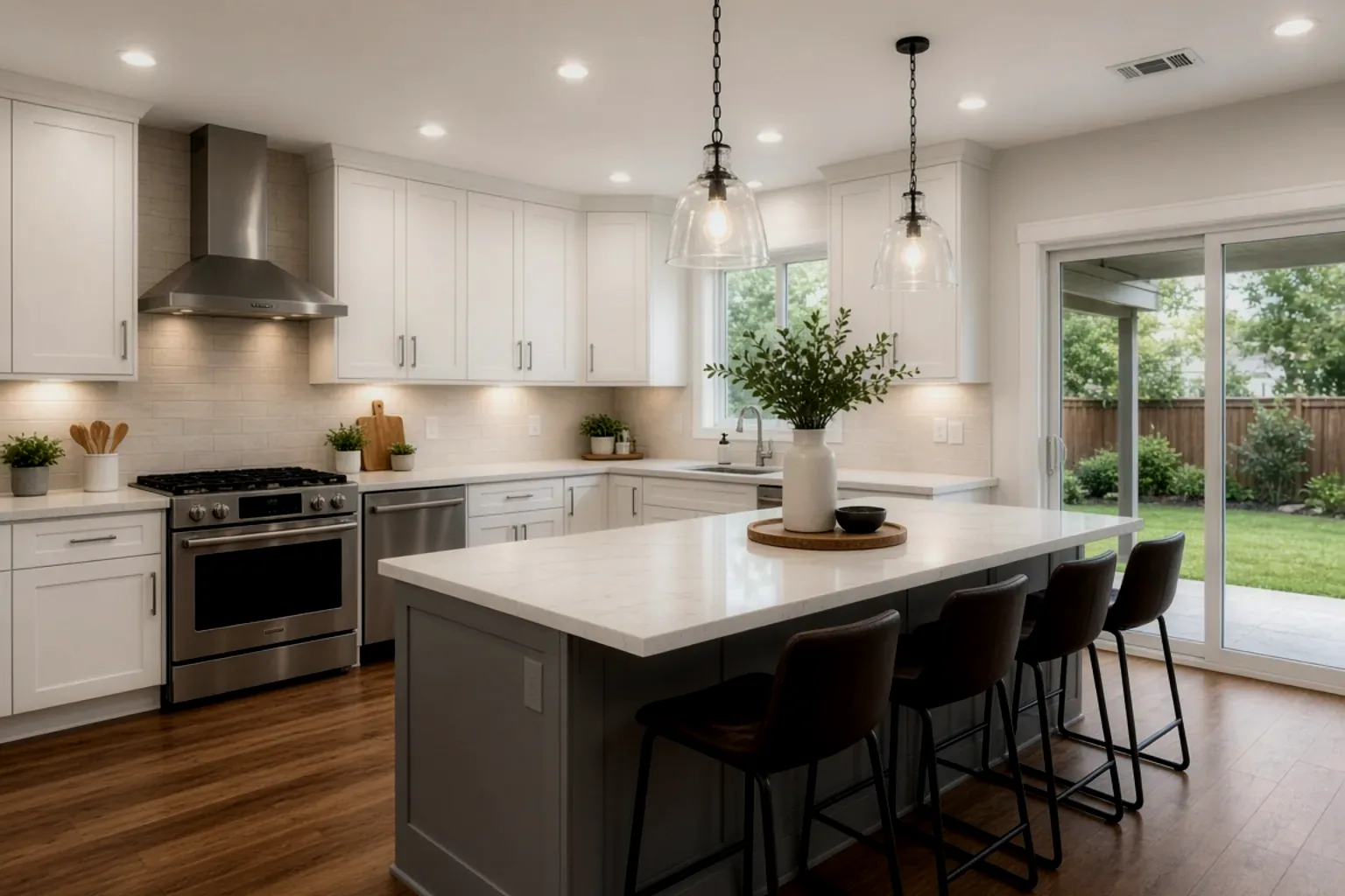 Single exposure of a US kitchen, holding the window view but leaving the island and cabinets in shadow