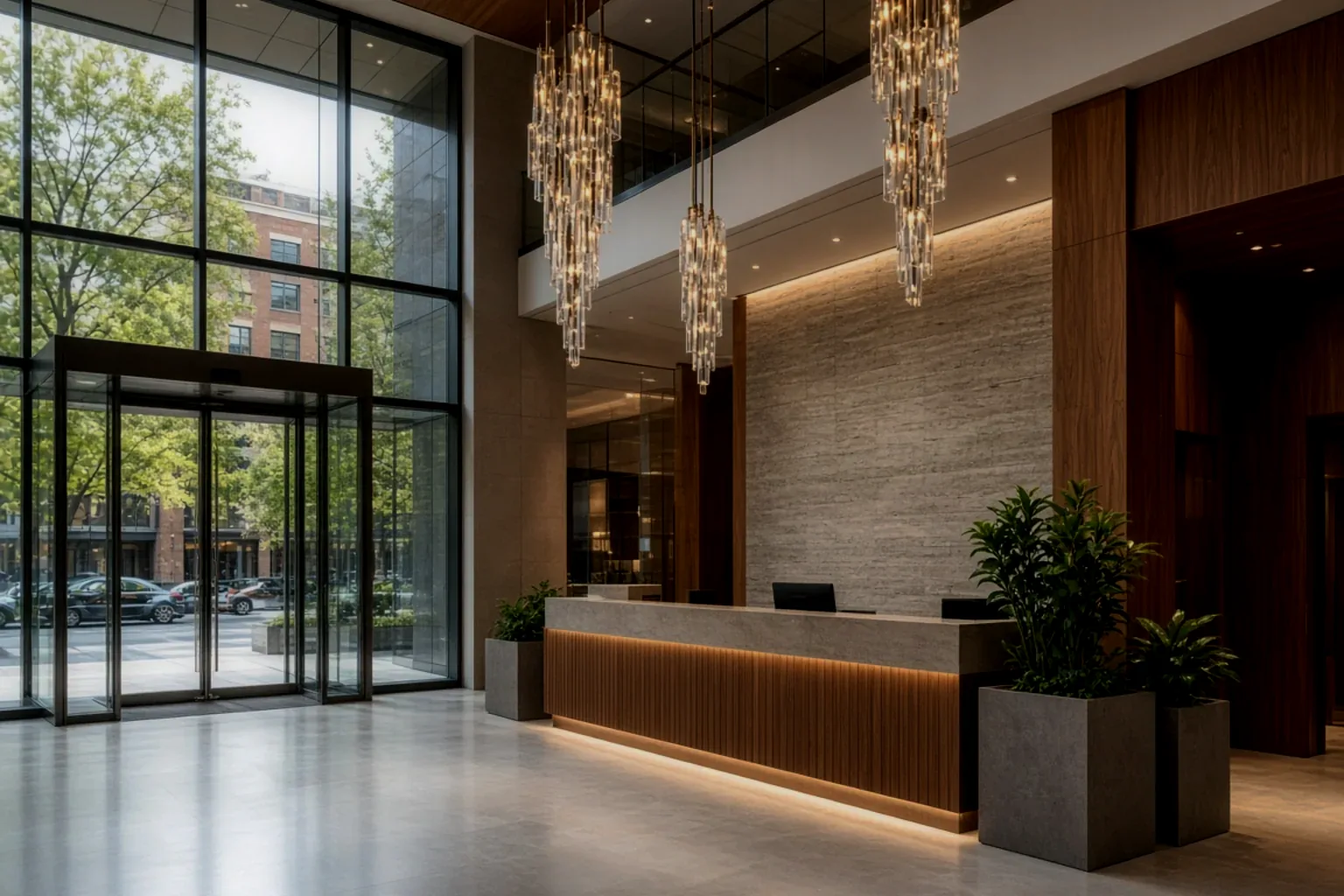 Single exposure of a commercial lobby, holding the entrance glass but leaving the interior in shadow