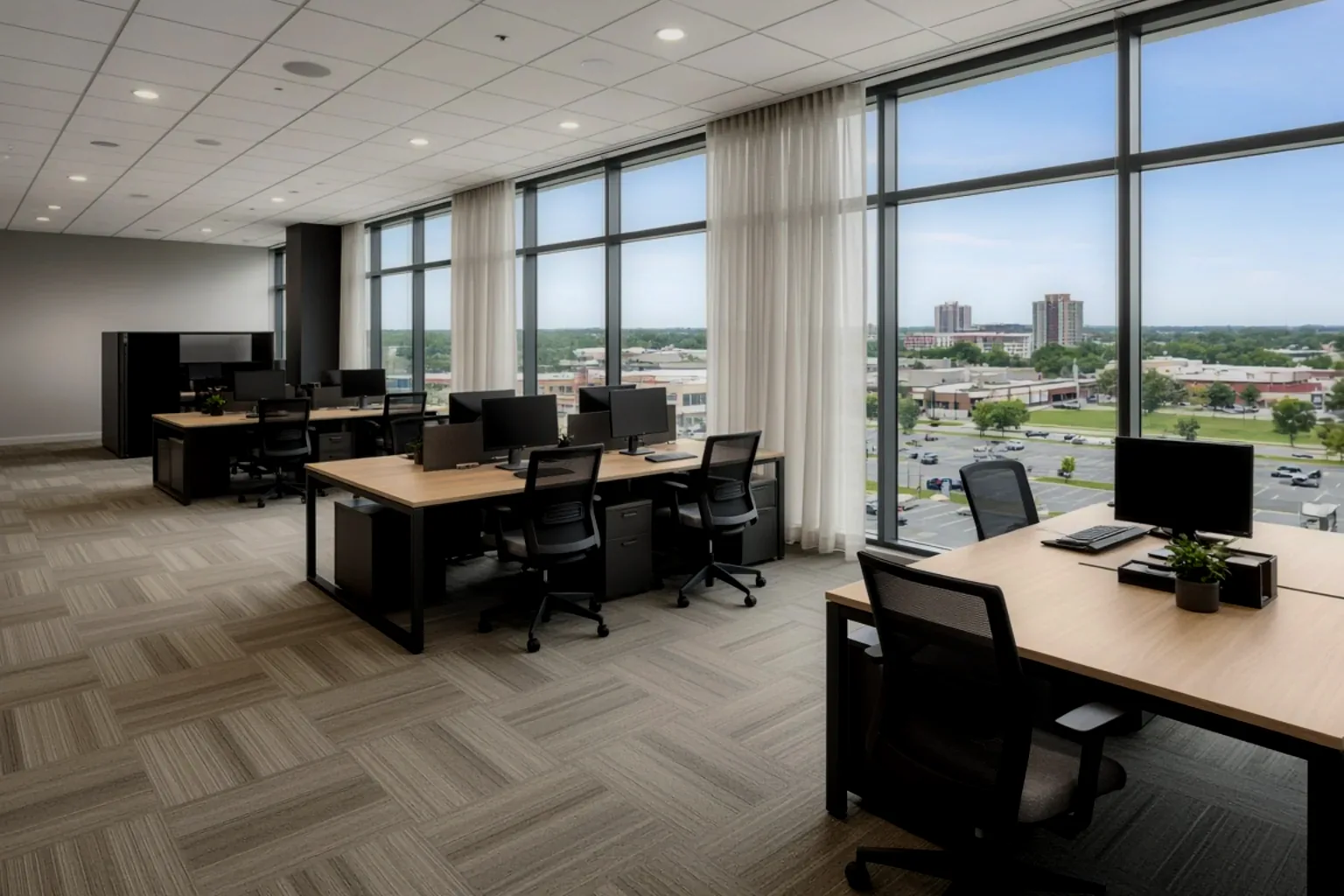 Single exposure of an open-plan office, holding the window view but leaving desks in shadow
