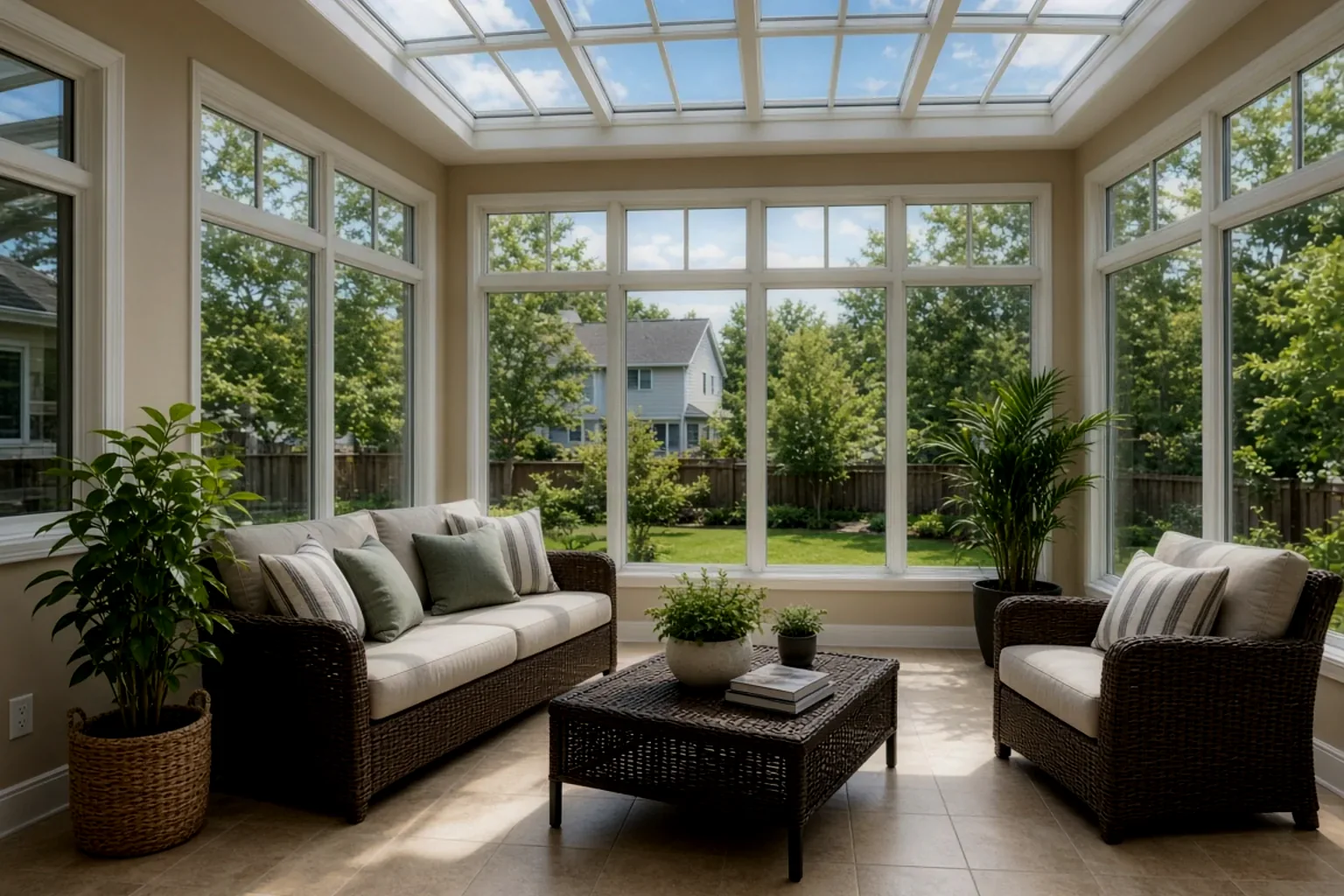 Single exposure of a glass sunroom, holding the garden view but leaving the interior in shadow
